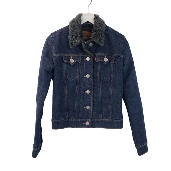 Levi's Faux Fur Collar Denim Trucker Jacket with Quilted Lining Size Small - Picture 1 of 6